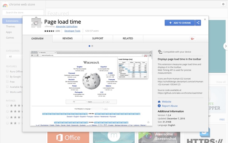 Page Load Time extension in the Chrome Store